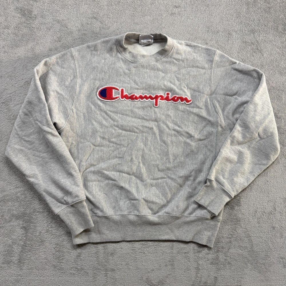 Champion Pullover‎ Sweatshirt Medium Gray Reverse Weave Textured Varsity Logo